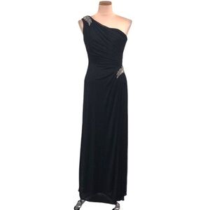 NWT Alex Evenings Formal Maxi Dress Size 4 Black Silver Beaded One Shoulder Gown